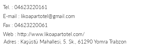 Liko Apart Hotel telefon numaralar, faks, e-mail, posta adresi ve iletiim bilgileri